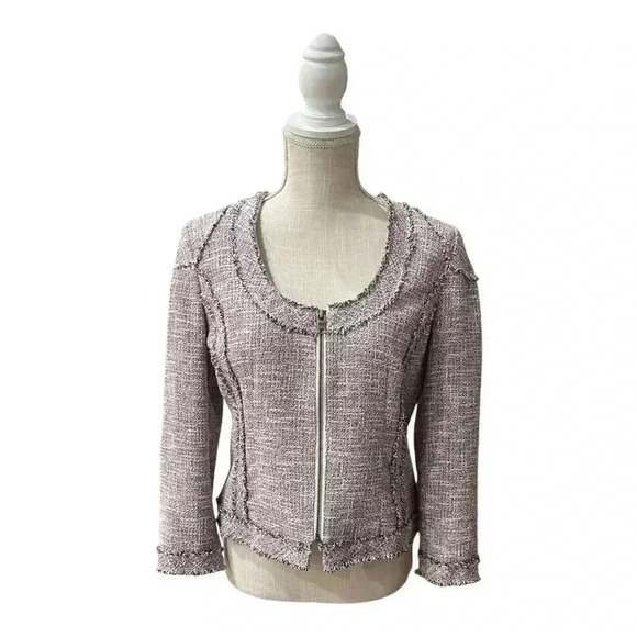 Banana Republic Tweed Fringe Trim Zip Blazer Career Jacket Women’s size 8 - Picture 1 of 13